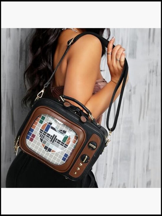 Retro TV Ita Bag Backpack Small Pin Display Purse with Inserts Crossbody